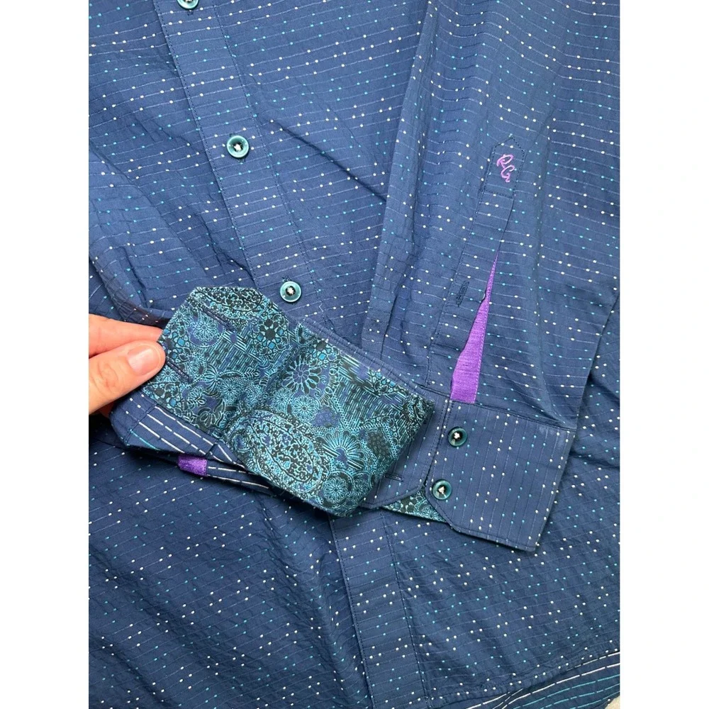 Robert Graham Button Down Shirt Mens XL Blue Dotted Classic Fit Long Sleeve